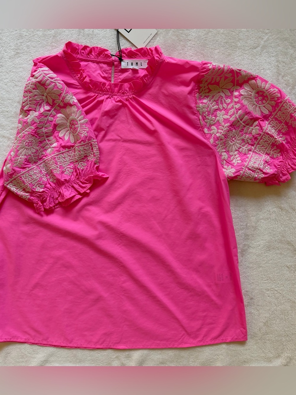 Gorgeous THML Hot Pink Puff-Sleeve Embroidered Blouse NWT